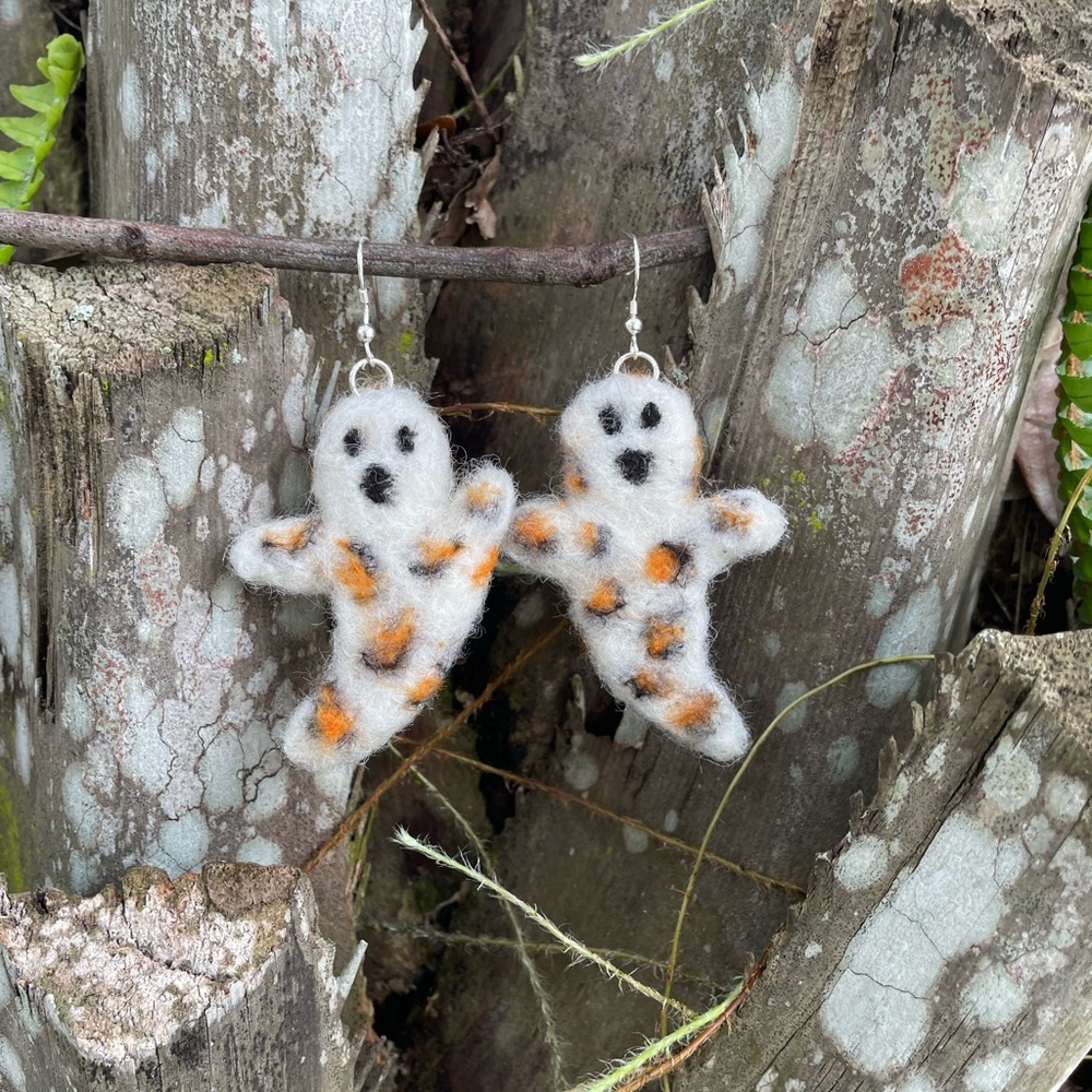Hand crafted ghost earrings needle felted leopard print artisan unique handmade